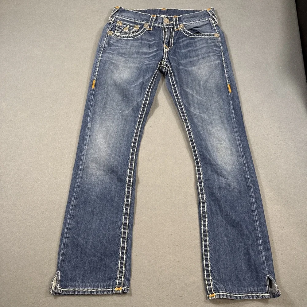 TRUE RELIGION 29 X30 STRAIGHT FLAP SUPER-T ORANGE BACK LOGO PATCH WHISKERING
